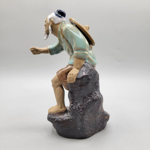 Chinese Mud Man With Basket Figurine On Rock Base Incomplete - Picture 5 of 9